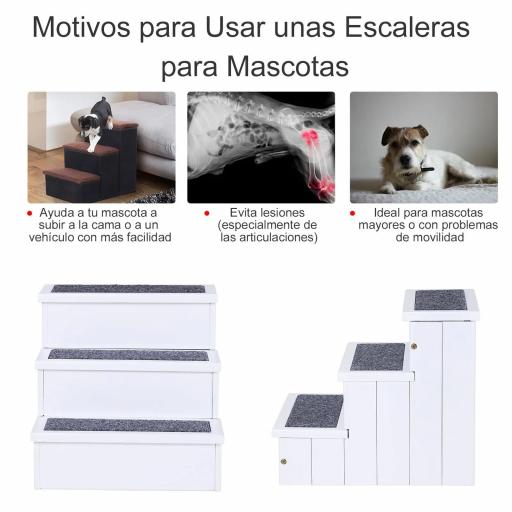 Escalera para Mascotas 3 Peldaños con Espacio de Almacenaje y Alfombra Antideslizantes Portátil Madera para Vehículo Carga 30 kg 40,5x44,5x38 cm Blanco [4]