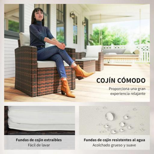 Conjunto de Jardín Exterior de Ratán 6 Piezas Cojines Sofá Doble Sofá 3 Plazas 2 Sillones 2 Mesas Auxiliares Beige [1]