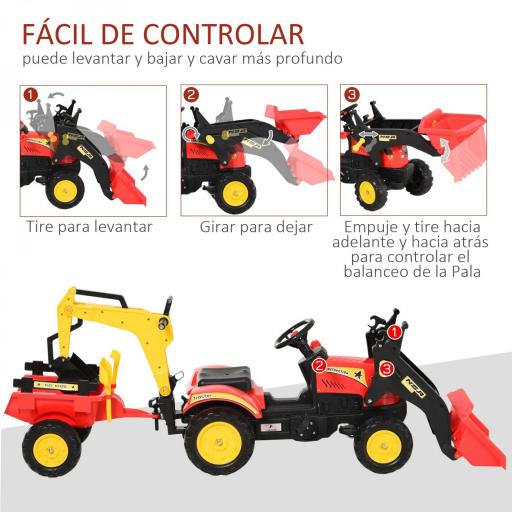 Tractor a Pedales con Remolque Excavador con Pala Frontal Juguete de Conducción para Mayores de 3 Años Dirección y Palas Fáciles de Controlar Soporta hasta 35 kg 179x42x59 cm Rojo [4]