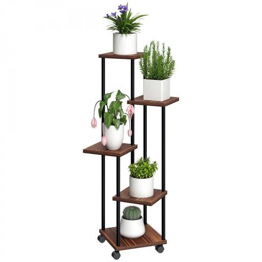 Soporte para Plantas de Madera y Acero de 3 Niveles con 5 Estantes Cuadradas y 4 Ruedas 59x59x110 cm Carbonizado [9]