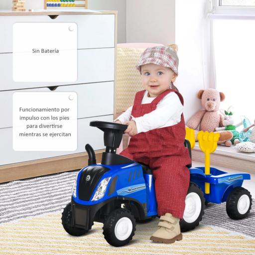 Tractor sin Pedales para Niños de 12-36 Meses con Remolque Extraíble Coche Correpasillos con Bocina Faros Pala Asiento de Suelo 25 cm y Rastrillo Carga 25 kg 91x29x44 cm Azul [5]