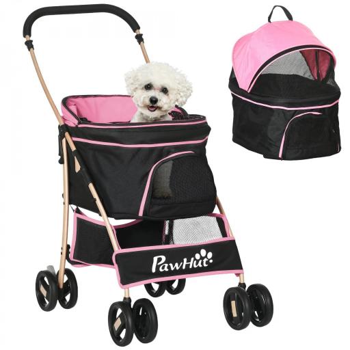 Carrito para Perros Pequeños 3 en 1 con Vagón Desmontable Cesta de Almacenaje Correas de Seguridad y Cojín Rosa [8]