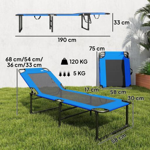 Tumbona Plegable con Respaldo Ajustable en 4 Posiciones Asas y Respaldo de Textilene Carga 120 kg 175x58x68 cm Azul [1]
