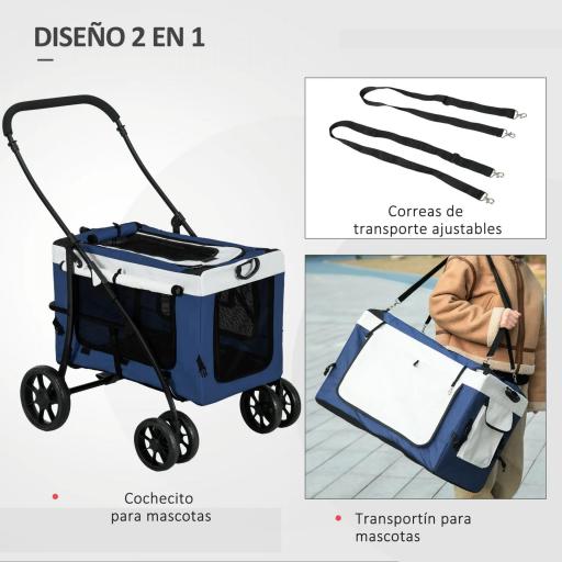Cochecito para Perros Plegable con Vagón Desmontable 4 Puertas con Cremallera 2 Correas de Seguridad y Cojín Azul [4]