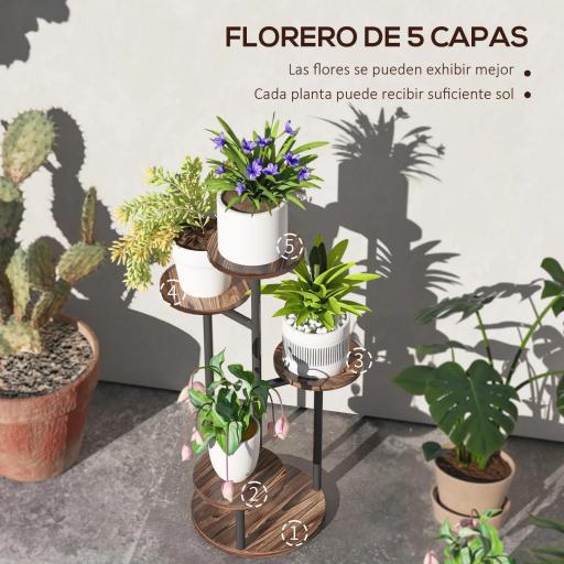 Soporte para Plantas de Madera y Acero de 5 Niveles con 5 Estantes Redondos Soporte para Macetas 43x43x70 cm Carbonizado [4]