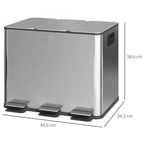 Papelera Cocina de Acero Inoxidable con 3 Compartimentos 3x10L con Pedales Tapas de Cierre Suave y Cubo Extraíble Plata [1]
