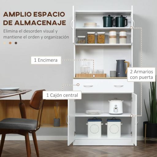 Armario Alacena de Cocina con Cajón 4 Puertas y Estantes Interiores Ajustables Mueble de Almacenaje 80x40x180 cm Blanco [2]