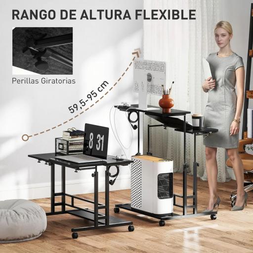 Escritorio Elevable con Ruedas Enchufes Puertos USB Altura Ajustable Panel Central Inclinado y Estante 80x60 cm Negro [2]