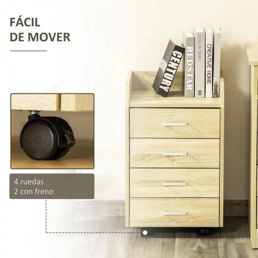Cajonera de Oficina Mueble Auxiliar para Archivos con 4 Cajones Encimera Superior de Almacenaje 4 Ruedas y 2 Frenos para Estudio Despacho 40x36x65 cm Natural [4]