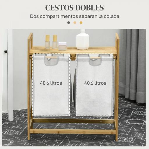 Cesto de la Ropa Sucia de Bambú con 2 Bolsas Extraíbles y Estante Carga 20kg 2x40,6L 64x33x73 cm Natural [2]