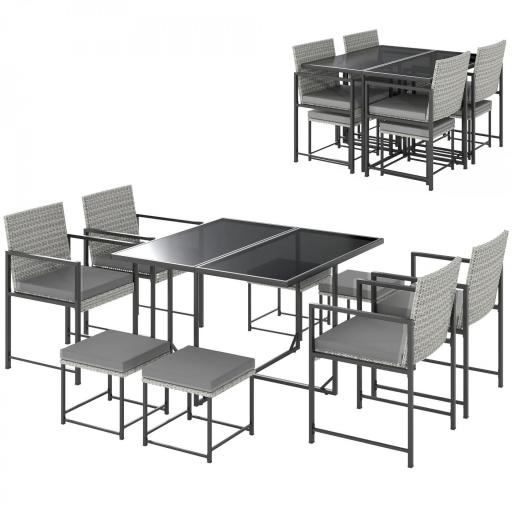 Conjunto de Jardín Exterior de 9 Piezas de Ratán Sintético con Mesa de Vidrio 4 Sillas y 4 Taburetes con Cojines Gris [8]