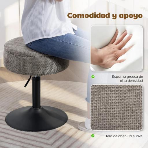 Taburete de Bar con Almacenaje Altura Ajustable Taburete de Cocina Redondo Giratorio Tapizado en Chenilla Gris [2]