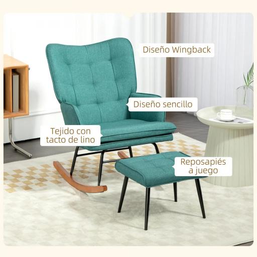 Silla Mecedora con Reposapiés Cojín Acolchado y Reposabrazos Carga 130 kg Verde Azulado [3]