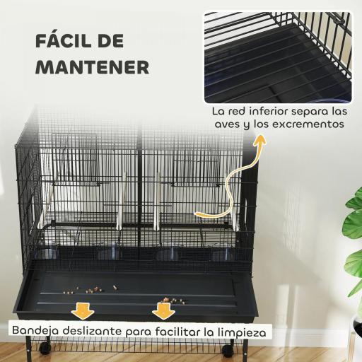 Jaula para Pájaros con Divisor Comederos Bandeja Extraíble y Soporte para Canarios y Periquitos 94x57x57/128 cm Negro [4]