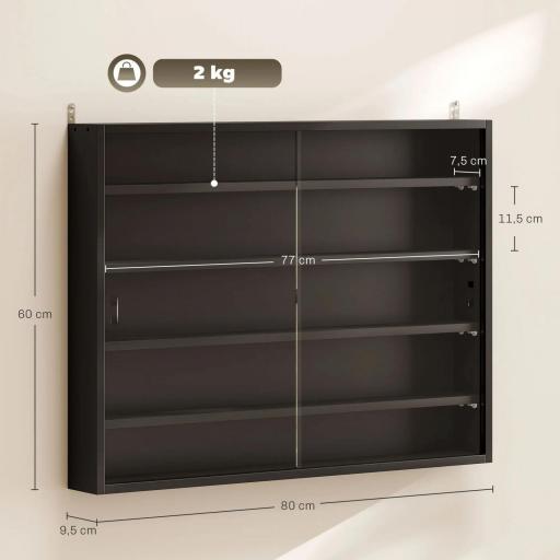 Vitrina de Pared Vitrina de Madera con Estantes Ajustables y 2 Puertas Correderas de Cristal 80x9,5x60 cm Negro [1]