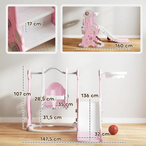  4 en 1 Parque Infantil Interior para +18 Meses Conjunto con Trepador y Canasta con Temática de Cohete Rosa y Blanco [1]