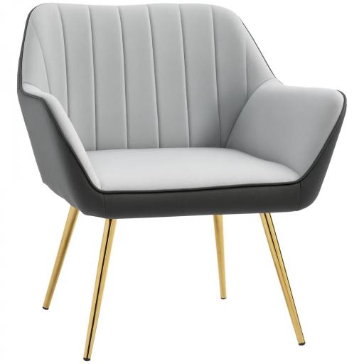 Silla de Cuero Sintético y Terciopelo con Respaldo a Rayas Patas Doradas y Asiento Acolchado para Salón Dormitorio Gris [7]