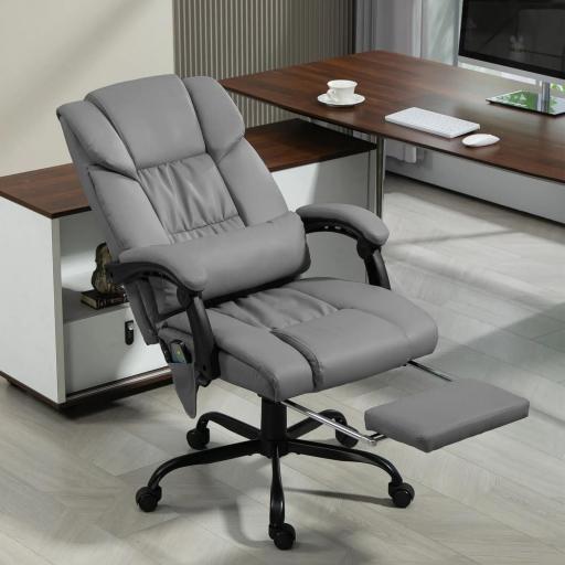 Silla de Oficina con Masaje de 6 Puntos Respaldo Alto Reclinable Altura Ajustable Reposapiés y Mando a Distancia Gris