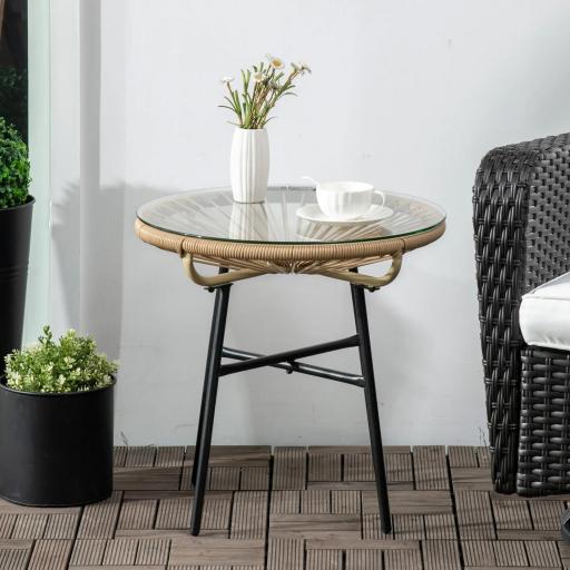 Mesa Auxiliar de Ratán Sintético Redonda para Exteriores con Encimera de Vidrio Templado Ø50x50 cm Beige [7]