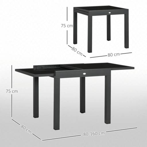 Mesa de Jardín Extensible de Aluminio Mesa Rectangular con Encimera de Vidrio Templado para Terraza 80-160x80x75cm Negro [1]