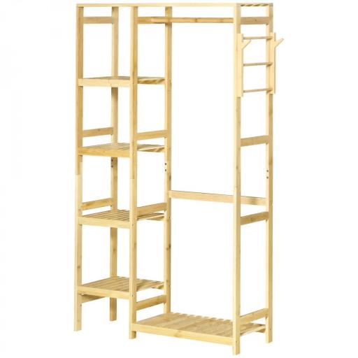 Perchero Burro de Bambú Perchero de Pie con Estantería de 4 Niveles con Barra Estante Inferior y Colgador Lateral para Ropa Bolsas Dormitorio 90x30x155 cm Natural [8]