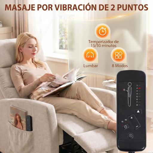 Sillón de Masaje Reclinable con Reposapiés 2 Zonas de Masaje Respaldo Alto Bolsillos Tapizado en Chenilla Crema [8]