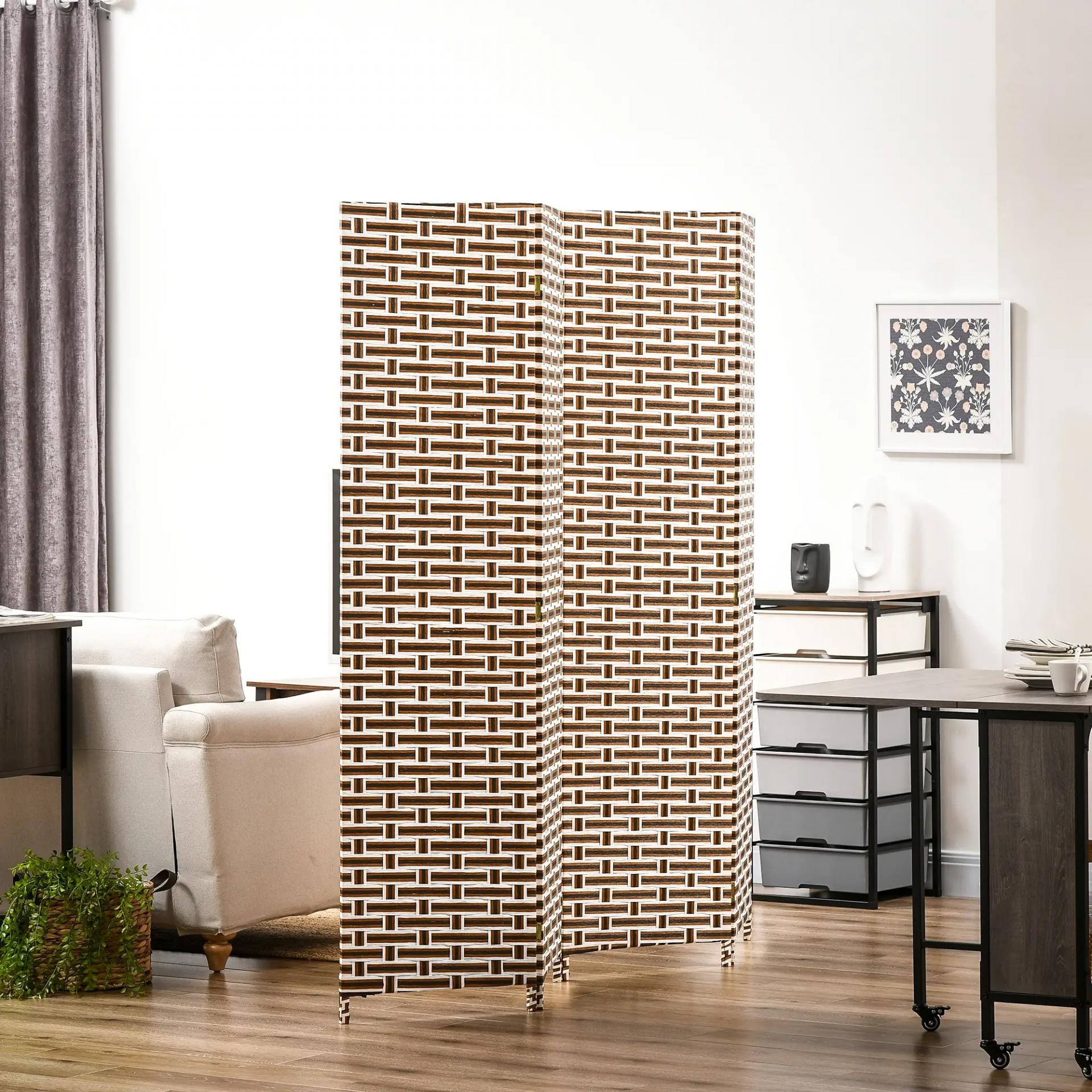 Biombo Separador de Ambientes de 4 Paneles Plegables de Madera de Pino y Fibra de Papel 180x180cm Marrón y Blanco