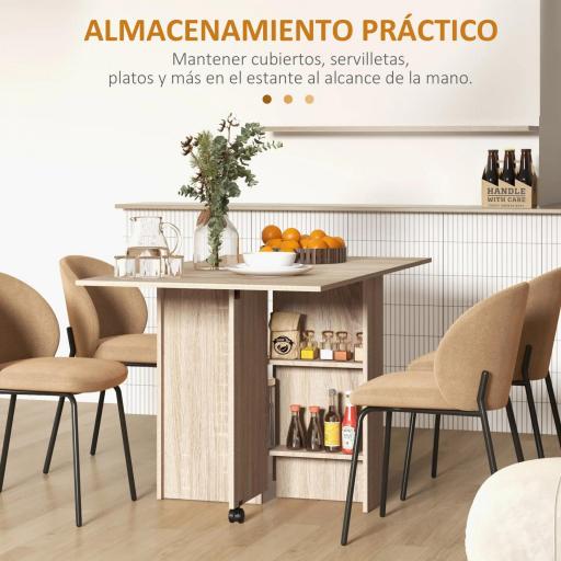 Mesa Plegable con 2 Alas Abatibles de Madera 2 Estantes y Ruedas para Cocina Comedor 75x140x74 cm Madera Natural [5]