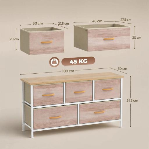 Cómoda con 5 Cajones de Tela Cómoda para Dormitorio Marco de Metal Cajonera para Salón Oficina Natural y Blanco [1]