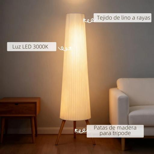 Lámpara de Pie con Trípode Brillo Ajustable 3 Niveles Interruptor de Pie Patas de Madera y Pantalla de Tela Blanco [6]