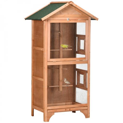 Jaula para Pájaros de Madera con 3 Puertas 4 Perchas Bandeja Extraíble y Techo Asfáltico 80,5x57x153 cm Natural [9]