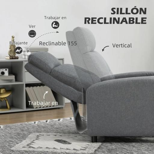 Sillón Reclinable Manual Sofá Individual con Reclinación hasta 155º Carga 150 kg Gris [2]