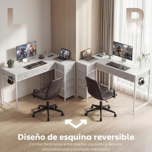 Escritorio Esquinero Reversible con 6 Cajones 126x48 cm con Toma de Corriente Puerto de Carga USB y USB-C Blanco [2]