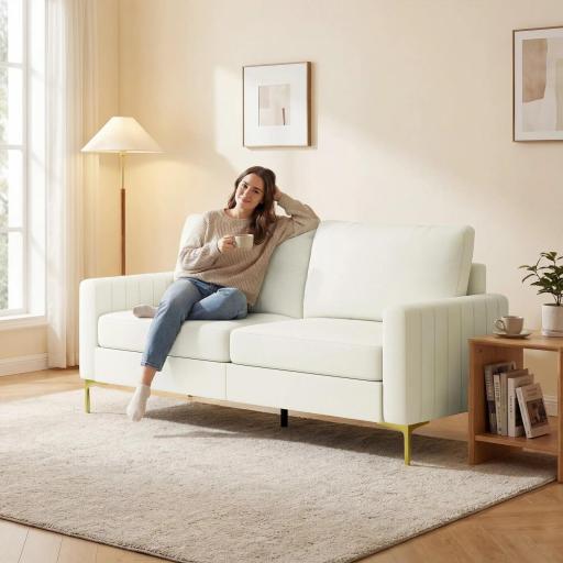 Sofá de 3 Plazas de 181 cm Tapizado en Terciopelo con Cojines Gruesos Patas de Metal Blanco Crema [0]