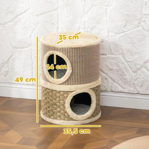 Barril Rascador para Gatos de 2 Niveles Altura 49 cm Tonel de Escalada con Cama Cubierto de Sisal Caqui y Café [1]
