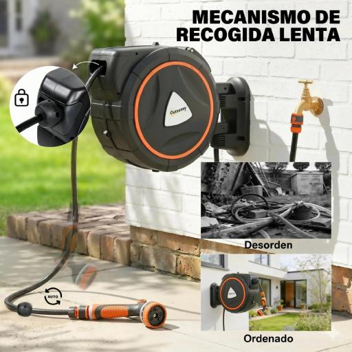 Carrete de Manguera Retráctil 23+2 m con 12 Modos de Rociado Bloqueo Automático Retracción Controlada Soporte Naranja [8]