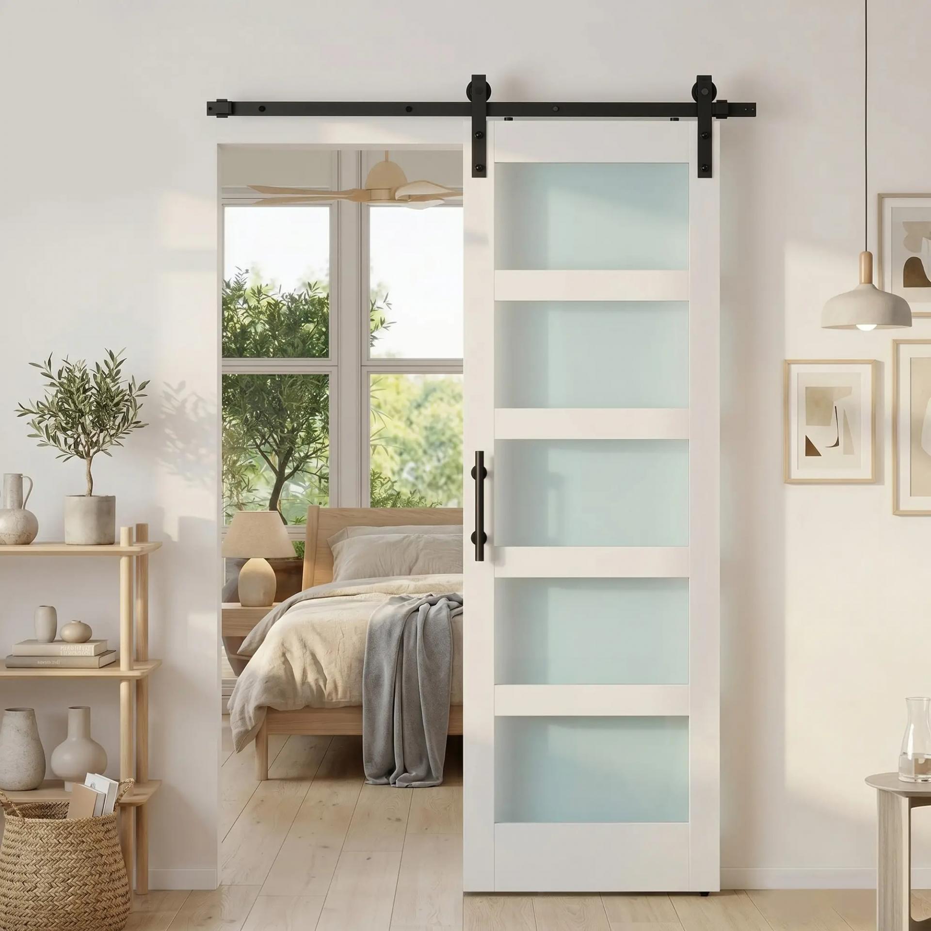 Puerta Corredera Interior 71x213 cm con Kit de Montaje, MDF y Vidrio Esmerilado, Riel y Herrajes, Blanco