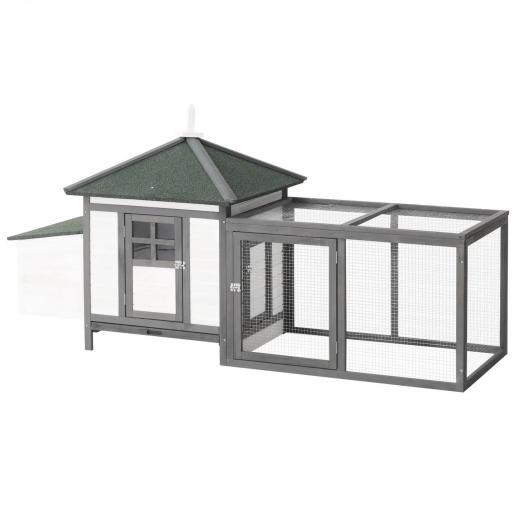 Gallinero de Madera Exterior, Jaula para Gallinas con Nidos, Corral, Bandeja Extraíble, Tapa Abatible, 196x76x97 cm, Gris [9]