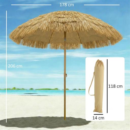 Sombrilla de Playa con Flecos de Paja Ø178 cm con Inclinación Altura Ajustable UV50+ Bolsa de Transporte Marrón Claro [1]