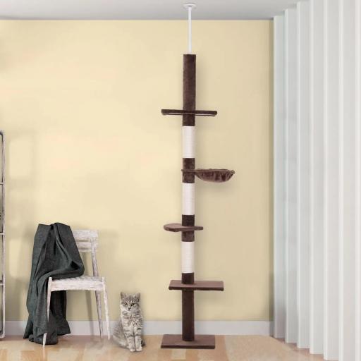 Árbol para Gatos de Suelo a Techo de 230-260 cm con Altura Ajustable Plataformas Hamaca y Postes de Sisal Marrón