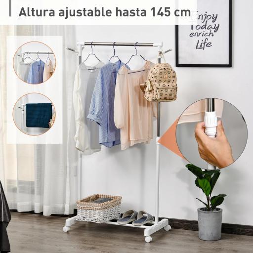 Estante de Ropa Perchero Estándar de Barra Altura Ajustable Portátil con Estante Inferior sobre Ruedas Tubería de Acero 68,5x42x87-145 cm Blanco Plata [3]