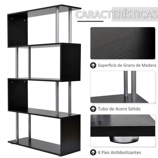 Librería en Forma S Estantería para Libros de 4 Niveles Mueble Estantería para Salón Oficina Estudio 80x30x145 cm Negro [3]