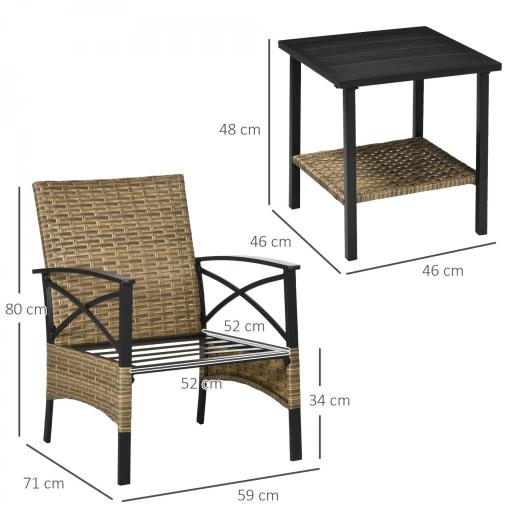 Conjunto Mesa y 2 Sillas de Jardín de Ratán Sintético con 2 Cojines Decorativos 46x46x48 cm y 59x71x80 cm Marrón [1]