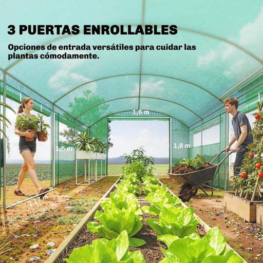 Invernadero de Túnel 6x3x2 m con 3 Puertas Enrollables 6 Ventanas de Malla y Estructura de Acero Galvanizado Verde [2]