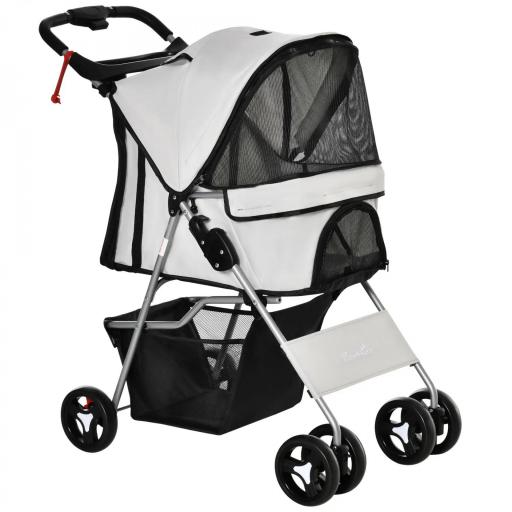 Carrito para Perros con Toldo Ajustable Cesta de Almacenaje y Ruedas con Freno Tela Oxford 77x45x99,5 cm Gris [8]