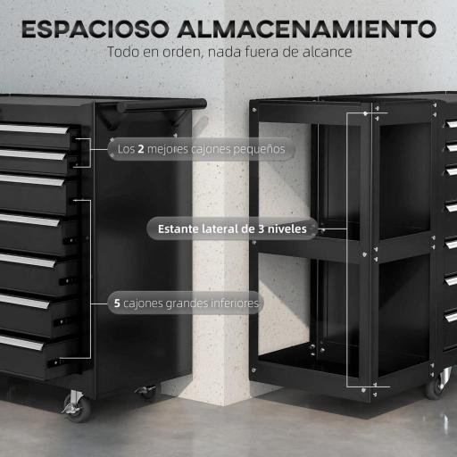 Carro de Herramientas con 7 Cajones Estantería de 3 Niveles Desmontable Sistema de Cierre Central Asa Negro [3]