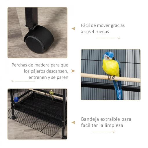 Jaula para Pájaros con 4 Ruedas Pajarera Metálica con Múltiples Puertas 4 Comederos Bebedero 2 Perchas 79x52x137cm Negro [3]