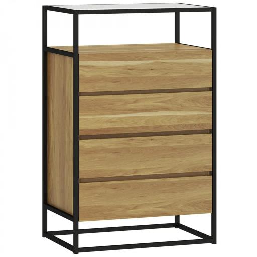 Cómoda Dormitorio con 4 Cajones Superficie de Vidrio Templado Estante Abierto Estructura de Acero 60x40x94,5 cm Teca [9]
