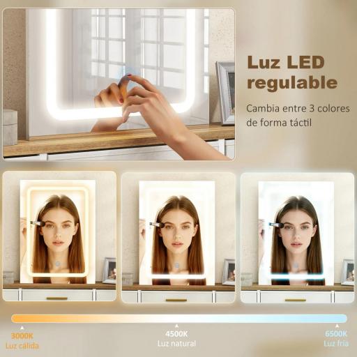 Tocador de Maquillaje con Luces LED de 3 Colores Espejo Tocador con 10 Cajones de Tela Patas de Acero Natural [3]
