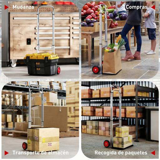 Carretilla de Mano Plegable de Aluminio Carga 90 kg con Ruedas Mango Telescópico Ajustable 40x41x108 cm Plata y Negro [3]